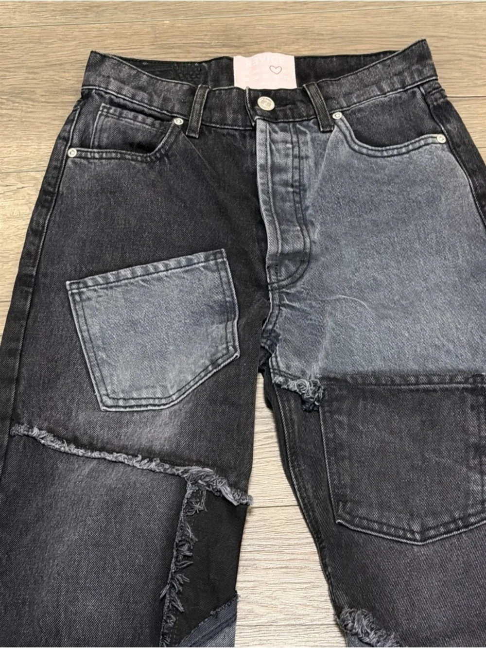 REVICE Love at First Sight Button Fly Black Denim Patchwork Jeans Womens Sz 26